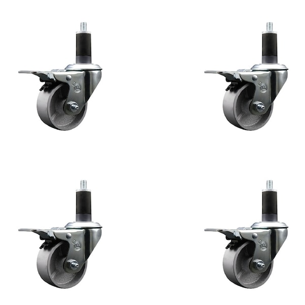 3'' Semi Steel Swivel 1-1/4'' Expanding Stem Caster Set Total Lock Brake, 4PK